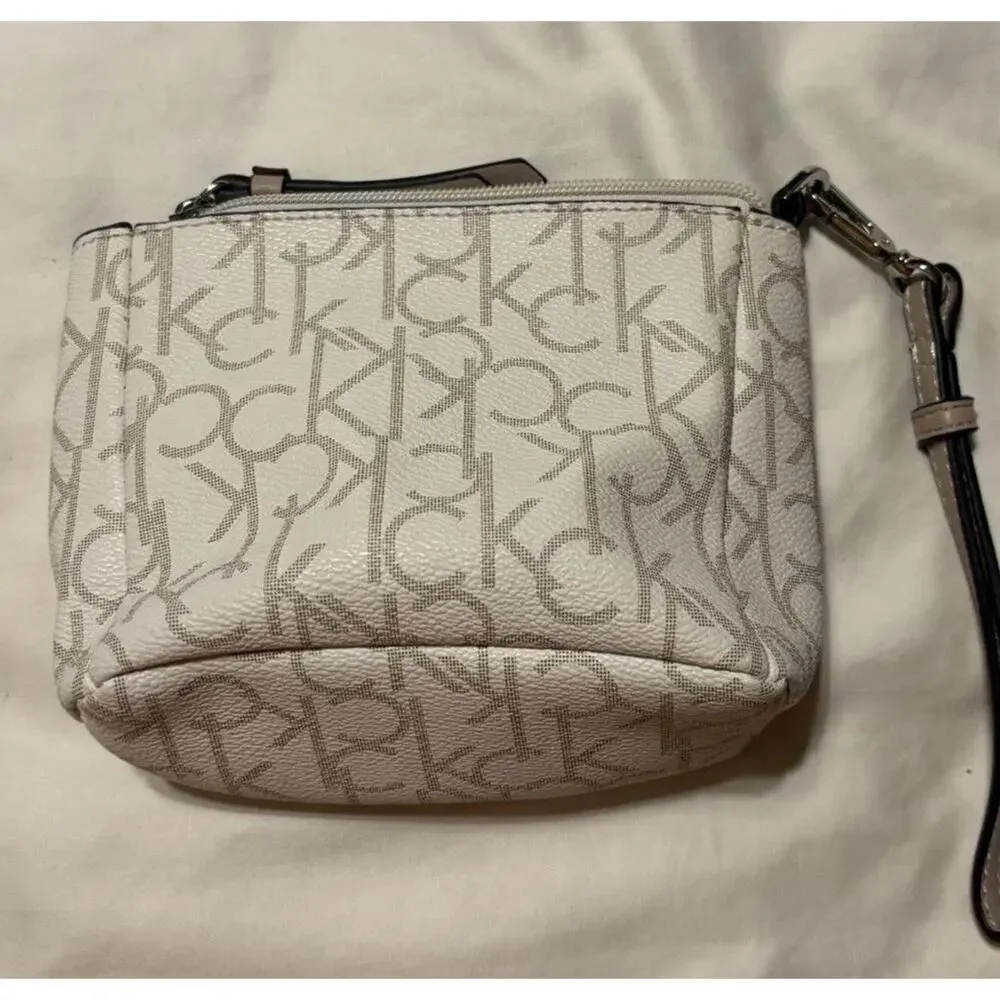 Calvin Klein Monogram Wristlet Pouch Cream Beige Zip Top Mini Bag Wallet Purse￼